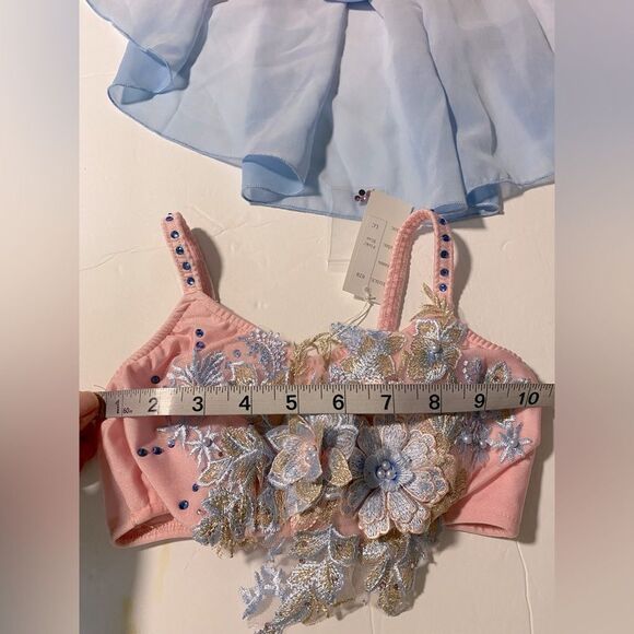Glamour solo dance costume 2 piece blue pink embellished MC child /LC child new - Picture 8 of 11
